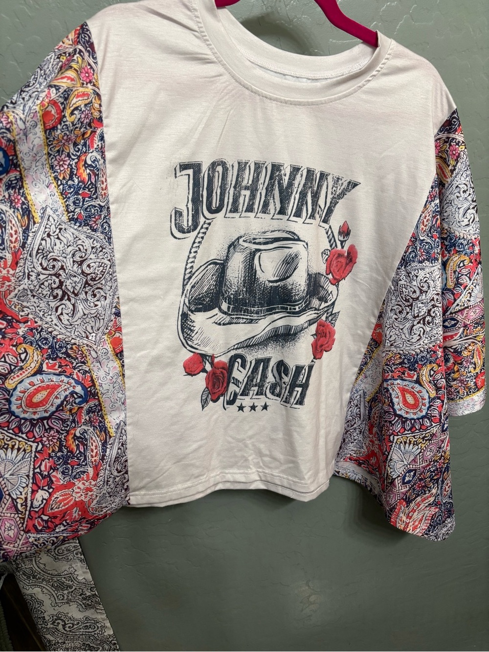 Johnny Cash Graphic Tee with Paisley Sleeves - White & Multicolor